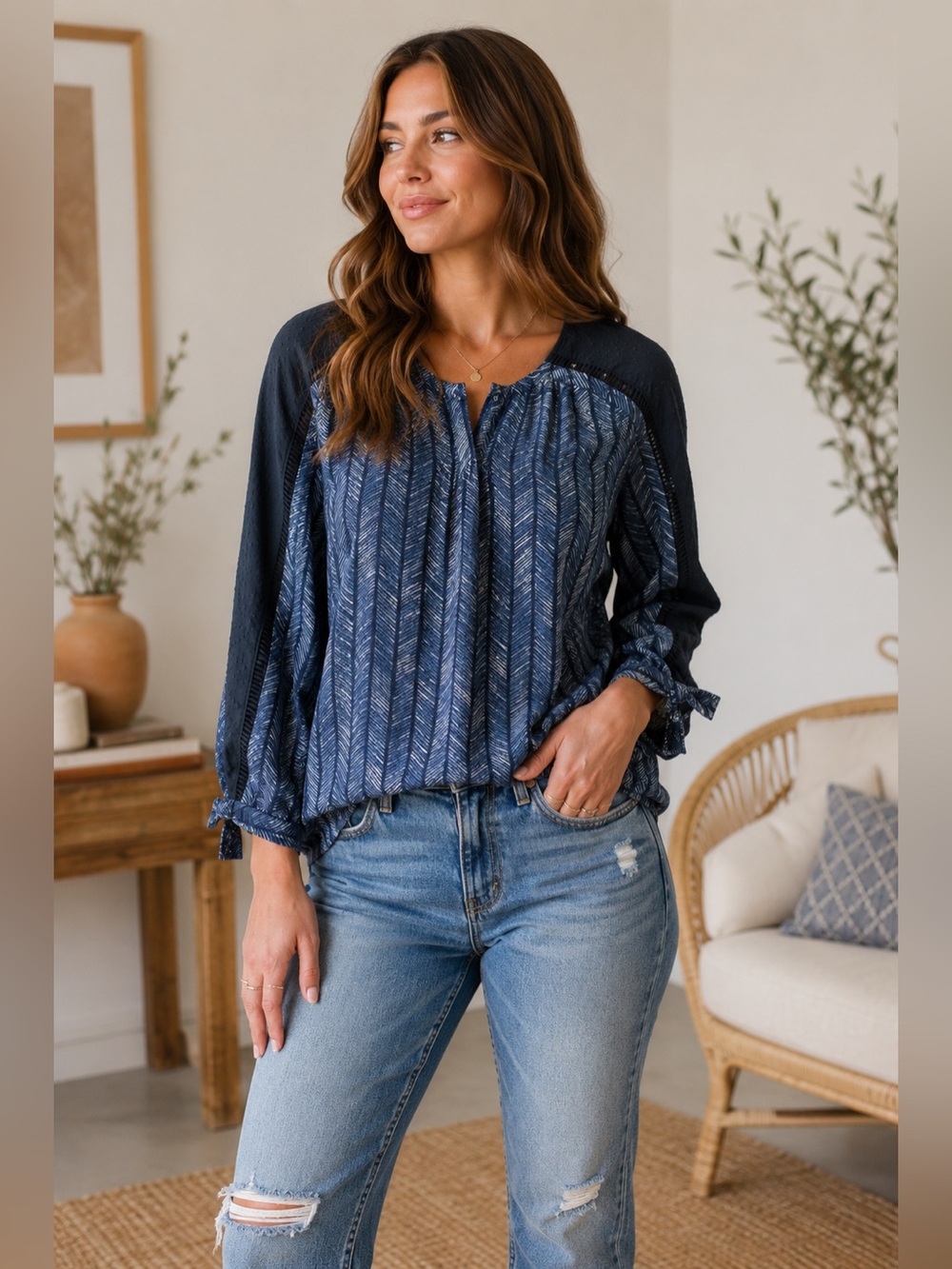 Lucky Brand Navy Patterned Peasant Blouse